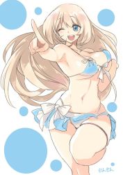 Rule 34 | 10s, 1girl, atago (kancolle), bare shoulders, bikini, blonde hair, bouncing breasts, breasts, curvy, female focus, front-tie bikini top, front-tie top, green eyes, kantai collection, large breasts, leg up, long hair, miniskirt, navel, one eye closed, open mouth, pointing, sensen, skirt, smile, solo, swimsuit, wide hips