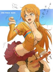 Rule 34 | 1boy, 1girl, angry, blush, breasts, carrying, character name, cleavage, copyright name, fume, grin, head between legs, highres, leg grab, long hair, long nose, nami (one piece), no bra, one piece, orange eyes, orange hair, plus step, sexually suggestive, shoulder carry, sideboob, smile, translated, usopp