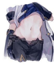 Rule 34 | 1boy, albedo (genshin impact), androgynous, black pants, chinese commentary, clothes lift, commentary request, genshin impact, highres, jacket, lower body, male focus, midriff, navel, pants, partially unbuttoned, pazhi (1076218251), shirt lift, simple background, solo, stomach, white background, white jacket