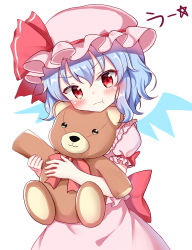 Rule 34 | 1girl, :t, absurdres, blouse, blue hair, blush, bow, collar, collared shirt, commentary, cowboy shot, eyelashes, frilled collar, frilled shirt, frills, hanen (borry), hat, hat bow, highres, hugging doll, hugging object, light blue hair, looking at viewer, mob cap, pink hat, pink shirt, pink skirt, pout, puffy short sleeves, puffy sleeves, raised eyebrows, red bow, red eyes, remilia scarlet, sash, shirt, short hair, short sleeves, simple background, skirt, solo, standing, stuffed animal, stuffed toy, teddy bear, touhou, uu~, white background