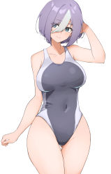 Rule 34 | 1girl, arm behind head, bad id, bad pixiv id, blue eyes, breasts, competition swimsuit, covered navel, gluteal fold, grey one-piece swimsuit, highleg, highres, large breasts, multicolored hair, one-piece swimsuit, original, purple hair, short hair, simple background, solo, standing, streaked hair, swimsuit, thighs, two-tone hair, white background, white hair, yuo6312