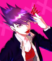 Rule 34 | 1boy, artist name, censored, collarbone, collared shirt, commentary request, danganronpa (series), danganronpa v3: killing harmony, ear piercing, earrings, facial hair, goatee, jacket, jewelry, looking at viewer, male focus, middle finger, momota kaito, nagi to (kennkenn), open clothes, open shirt, piercing, pink background, pink eyes, purple hair, purple jacket, red shirt, shirt, solo, spiked hair, tongue, tongue out, upper body, white shirt