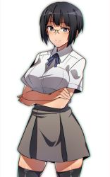 Rule 34 | 1girl, black hair, black thighhighs, blue eyes, blush, breasts, closed mouth, crossed arms, em (totsuzen no hakike), girls und panzer, glasses, grey skirt, large breasts, looking at viewer, sangou (girls und panzer), shiny skin, shirt, short hair, simple background, skirt, smile, solo, thighhighs, white background, white shirt