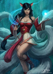 Rule 34 | 1girl, ahri (league of legends), animal ears, arturo z. gutierrez, aura, bare shoulders, black hair, braid, breasts, brown eyes, cleavage, collarbone, detached sleeves, energy ball, facial mark, fox ears, fox tail, hitodama, korean clothes, large breasts, league of legends, lips, long hair, looking at viewer, magic, multiple tails, nose, realistic, signature, single braid, slit pupils, solo, standing, standing on one leg, tail, very long hair, whisker markings, whiskers, wide sleeves, yellow eyes