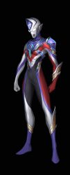 Rule 34 | 1boy, 3ok, absurdres, alien, black background, clenched hands, fusion, highres, looking down, male focus, solo, tokusatsu, ultra series, ultraman decker, ultraman decker (series), ultraman orb, ultraman orb (series), ultraman trigger, ultraman trigger (series), white eyes