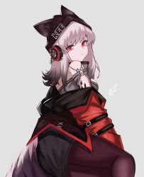 Rule 34 | 1girl, absurdres, arknights, artist name, bad id, bad pixiv id, beanie, black hair, black hat, black pantyhose, black skirt, breasts, closed mouth, commentary, english commentary, expressionless, fox tail, frostleaf (arknights), gradient hair, grey background, grey shirt, hat, headphones, highres, implied extra ears, jacket, kit, looking at viewer, looking back, material growth, medium breasts, medium hair, miniskirt, multicolored hair, off-shoulder shirt, off shoulder, open clothes, open jacket, oripathy lesion (arknights), pantyhose, red hair, red jacket, shirt, signature, silver hair, simple background, sitting, skirt, solo, tail, two-tone hair