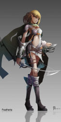 Rule 34 | 1girl, absurdres, archery, armor, arrow (projectile), belt, blonde hair, boots, bow (weapon), breastplate, breasts, cape, cleavage, dagger, dated, diandianzai, elf, gradient background, green eyes, grey background, highres, knee boots, knife, medium breasts, navel, original, pointy ears, quiver, reflection, shoulder pads, simple background, solo, standing, weapon