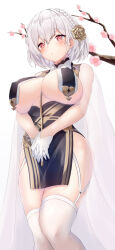 Rule 34 | 1girl, :&lt;, absurdres, azur lane, between breasts, braid, breast curtains, breasts, cherry blossoms, china dress, chinese clothes, covered erect nipples, dress, flower, gloves, hair flower, hair ornament, highres, large breasts, pelvic curtain, pink eyes, ponta (velmar), ribbon between breasts, short hair, sirius (azur lane), sirius (azure horizons) (azur lane), solo, thighhighs, thighs, white background, white gloves, white hair, white thighhighs