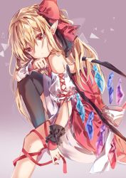 Rule 34 | 1girl, ayatsuki sugure, bare shoulders, black thighhighs, blonde hair, bow, commentary, crystal, dot nose, flandre scarlet, frilled sleeves, frills, hair between eyes, hair bow, highres, knee up, large bow, leg ribbon, long hair, looking at viewer, no headwear, no headwear, open mouth, parted lips, pointy ears, puffy short sleeves, puffy sleeves, red eyes, red neckwear, red ribbon, red vest, ribbon, short sleeves, single thighhigh, sitting, skirt, solo, thighhighs, touhou, triangle, vest, white bow, white skirt, wings, wrist cuffs