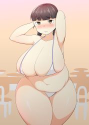 Rule 34 | 1girl, armpits, arms behind head, arms up, belly, bikini, black hair, blush, braid, breasts, brown eyes, bursting breasts, cleavage, highres, huge breasts, looking at viewer, magure senshi, micro bikini, original, plump, solo, standing, swimsuit, thick thighs, thighs, twintails, wide hips