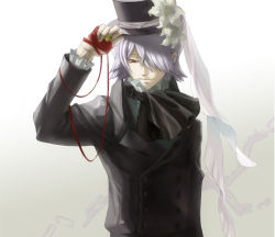 Rule 34 | 00s, 1boy, adjusting clothes, adjusting headwear, debii, flower, formal, frills, gathers, gradient background, hair over one eye, hat, highres, lilies, lily (flower), male focus, pandora hearts, red eyes, short hair, silver hair, solo, top hat, xerxes break