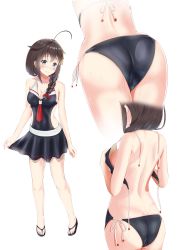 Rule 34 | 1girl, absurdres, alternate costume, ass, bikini, black bikini, black hair, blue eyes, blush, braid, breasts, closed mouth, hair between eyes, hair flaps, hair ornament, hair over shoulder, hairclip, highres, kantai collection, looking at viewer, red neckwear, remodel (kantai collection), sandals, shigure (kancolle), simple background, small breasts, swimsuit, white background, zuki