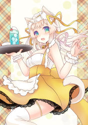 Rule 34 | 1girl, 515m, animal ears, aqua eyes, bell, bow, breasts, brown hair, cat ears, cat tail, cherry, chestnut mouth, cleavage, collar, colored eyelashes, drink, food, fruit, hair bow, hair ribbon, highres, jingle bell, long hair, looking at viewer, maid, maid headdress, neck bell, original, over-kneehighs, ribbon, solo, tail, thigh strap, thighhighs, tray, white thighhighs, wrist cuffs