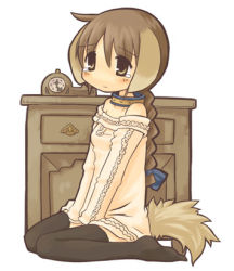 Rule 34 | 7010, animal ears, bare shoulders, braid, collar, dog ears, lowres, solo, tail, tears, thighhighs