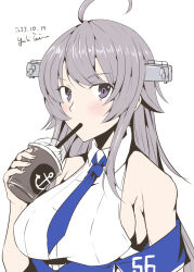 Rule 34 | 1girl, ahoge, blue necktie, breasts, collared shirt, cup, disposable cup, drinking straw, drinking straw in mouth, grey eyes, grey hair, headgear, highres, holding, holding cup, kantai collection, large breasts, long hair, looking at viewer, necktie, shirt, sidelocks, sleeveless, sleeveless shirt, solo, taira yuuki, upper body, very long hair, washington (kancolle), white shirt