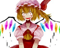 Rule 34 | 1girl, ascot, blonde hair, blood, blood from mouth, blood in mouth, blood on face, bloody tears, blouse, bow, collared shirt, constricted pupils, crazy eyes, crazy smile, dress, female focus, flandre scarlet, frilled hat, frilled shirt, frills, hair bow, hair ribbon, hat, htn nm, looking at viewer, mob cap, puffy sleeves, red dress, red eyes, red shirt, red skirt, ribbon, shirt, short sleeves, side ponytail, simple background, skirt, skirt set, smile, solo, touhou, white background, white hat, wings