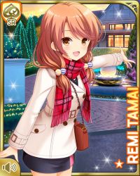 Rule 34 | 1girl, bare legs, black dress, brown coat, brown eyes, brown hair, card (medium), coat, dress, girlfriend (kari), lights, looking at viewer, low twintails, night, official art, open mouth, outdoors, qp:flapper, red neckwear, scarf, smile, solo, standing, tagme, tamai remi, twintails, winter clothes, winter coat