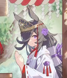 Rule 34 | 1girl, alternate costume, animal ears, black hair, blush, closed mouth, flower, hair flower, hair ornament, hair over one eye, hands up, horse ears, japanese clothes, kimono, long hair, long sleeves, looking at viewer, outdoors, own hands together, palms together, purple eyes, purple flower, purple rose, ribbon-trimmed sleeves, ribbon trim, rice shower (umamusume), rope, rose, shide, shimenawa, smile, solo, split mouth, suimz, tiara, tree, umamusume, upper body, white kimono, wide sleeves
