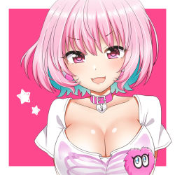 Rule 34 | 1girl, :d, blue hair, blush, breasts, cleavage, collar, collarbone, colored inner hair, colored tips, fang, hair between eyes, hair intakes, heart, heart on chest, idolmaster, idolmaster cinderella girls, large breasts, lock, looking at viewer, multicolored hair, open mouth, pink background, pink collar, pink eyes, pink hair, shirt, short hair, short sleeves, smile, solo, star (symbol), two-tone hair, upper body, white shirt, yumemi riamu, yuricyan