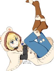 Rule 34 | 1girl, absurdres, bear hair ornament, black sweater, blonde hair, blue eyes, blue pantyhose, blush, boko (girls und panzer), boots, brown dress, brown footwear, closed mouth, commentary, dated, dress, floating, frown, fur-trimmed footwear, fur trim, girls und panzer, hair ornament, highres, holding, hooded dress, katyusha (girls und panzer), layered sleeves, legs up, light blush, long sleeves, looking at viewer, lying, on back, one-hour drawing challenge, pantyhose, short hair, short over long sleeves, short sleeves, simple background, solo, sweater, touma (tsunamiharuru), twitter username, white background, wide sleeves