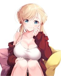 Rule 34 | 1girl, araragi ayune, blonde hair, blue eyes, blush, breasts, cleavage, closed mouth, collarbone, commentary, fingernails, hair over one eye, hand on own cheek, hand on own face, highres, jacket, knee to chest, large breasts, long hair, looking at viewer, off shoulder, on pillow, open clothes, open jacket, original, red jacket, rinna milford, shirt, simple background, sitting, sitting on pillow, smile, solo, spaghetti strap, symbol-only commentary, twintails, upper body, white background, white shirt
