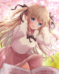Rule 34 | 1girl, :d, arms behind head, black bow, black bowtie, black ribbon, blue eyes, blurry, blurry foreground, blush, book, bow, bowtie, breasts, cherry blossoms, commentary request, cowboy shot, depth of field, hair ribbon, highres, light brown hair, long hair, long sleeves, medium breasts, open book, open mouth, original, pink sailor collar, pink skirt, ribbon, sailor collar, sakura (ichisakupink), shirt, skirt, smile, solo, two side up, very long hair, white shirt