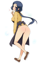 Rule 34 | 10s, 1girl, apron, ass, bare legs, blue eyes, blue hair, blush, bottomless, breasts, dimples of venus, full body, gundam, gundam build fighters, haga yui, heart, iori rinko, large breasts, legs, long hair, long sleeves, looking at viewer, matching hair/eyes, mature female, no panties, no pants, ponytail, ribbed sweater, shoes, simple background, smile, solo, standing, sweater, turtleneck, white background