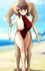 Rule 34 | 1boy, 1girl, absurdres, alternate breast size, artist request, bare legs, beach, breasts, brown eyes, brown hair, brown one-piece swimsuit, casual one-piece swimsuit, curvy, grabbing, grabbing from behind, hetero, highleg, highleg swimsuit, highres, imminent penetration, large breasts, looking at viewer, nipples, ocean, one-piece swimsuit, one breast out, ranma 1/2, short hair, signature, swimsuit, tendou nabiki