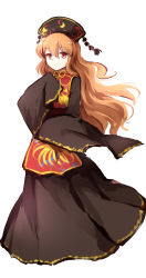 Rule 34 | 1girl, black dress, chinese clothes, crescent moon, dena.ei, dress, hat, highres, junko (touhou), long hair, long sleeves, moon, orange hair, red eyes, sash, simple background, smile, solo, tabard, touhou, white background, wide sleeves