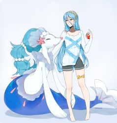 Rule 34 | 1girl, adapted costume, azura (fire emblem), barefoot, blue hair, closed eyes, color connection, company connection, creatures (company), crossover, doodle, feet, fins, fire emblem, fire emblem fates, fish tail, game freak, gen 7 pokemon, highres, nintendo, poke ball, pokemon, pokemon (creature), pokemon sm, power connection, primarina, rachel (doodleladle), short shorts, shorts, smile, tail, thigh strap, yellow eyes