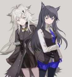 Rule 34 | 2girls, animal ears, arknights, black hair, black jacket, black vest, blue eyes, breasts, dress, fingerless gloves, gloves, grey eyes, hair ornament, hairclip, high collar, jacket, lappland (arknights), long hair, long sleeves, looking at another, medium breasts, multiple girls, necktie, open clothes, open jacket, pantyhose, pantyhose under shorts, scar, scar across eye, scar on face, short shorts, shorts, simple background, texas (arknights), touchika, vest, white hair, wolf ears