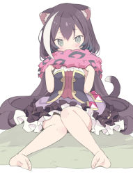 Rule 34 | 1girl, animal ear fluff, animal ears, barefoot, black hair, blade (galaxist), cat ears, cat girl, cat tail, commentary request, feet, green eyes, karyl (princess connect!), legs, long hair, looking at viewer, low twintails, multicolored hair, princess connect!, simple background, sitting, soles, solo, streaked hair, tail, toes, twintails, white background, white hair