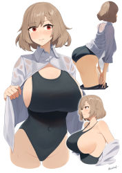 Rule 34 | 1girl, alternate costume, blue one-piece swimsuit, blush, braid, breasts, cleavage, closed mouth, clothes pull, collarbone, competition swimsuit, covered navel, cropped legs, girls&#039; frontline, highres, kion-kun, kord (girls&#039; frontline), large breasts, leaning forward, light brown hair, lips, looking at viewer, looking away, one-piece swimsuit, red eyes, shirt, shirt pull, short hair, sideboob, single braid, smile, solo, standing, swimsuit, twitter username, wet, wet clothes, wet shirt, white background, white shirt