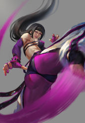 Rule 34 | 1girl, alternate hairstyle, ass, bare shoulders, black hair, breasts, cameltoe, capcom, chinese clothes, covered erect nipples, crotch, detached sleeves, dudou, fingerless gloves, fingernails, gloves, hair down, halterneck, halterneck, han juri, highres, jiam009, kicking, legs, lips, midriff, motion blur, nail, nail polish, purple eyes, sideboob, sidelocks, solo, street fighter, street fighter iv (series), toned, tongue, tongue out, twintails
