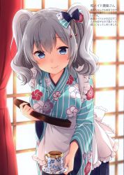 Rule 34 | 1girl, absurdres, apron, blue eyes, blush, bow, breasts, closed mouth, coffee, coffee mug, cup, curtains, floral print, food, grey hair, hair bow, hair ornament, highres, holding, indoors, japanese clothes, kantai collection, kashima (kancolle), kimono, large breasts, lips, long hair, long sleeves, looking at viewer, masuishi kinoto, mug, scan, smile, solo, tray, twintails, waist apron, wide sleeves, window