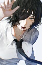 Rule 34 | 1girl, black hair, black necktie, blood, blood from mouth, blood on clothes, chainsaw man, collared shirt, eyepatch, green eyes, highres, himeno (chainsaw man), looking at viewer, necktie, saki ringo, shirt, short hair, simple background, solo, sweat, white background, white shirt