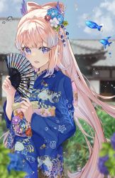 Rule 34 | 1girl, absurdres, animal print, architecture, blue eyes, blue hair, blue kimono, blue sky, blurry, blurry foreground, blush, bow-shaped hair, commission, drop earrings, earrings, east asian architecture, fish, fish print, folding fan, furisode, genshin impact, gradient hair, hair ornament, hand fan, highres, holding, holding fan, isuzu (an icy cat), japanese clothes, jewelry, kimono, light blue hair, long hair, looking at viewer, multicolored hair, obi, open mouth, pink hair, ponytail, purple eyes, purple hair, sangonomiya kokomi, sash, shell print, shell, shell earrings, skeb commission, sky, smile, solo, starfish print, thick eyebrows, wide sleeves