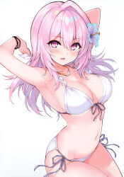 Rule 34 | 1girl, absurdres, armpits, arms behind head, arms up, bikini, bracelet, breasts, cleavage, cu-no, flower, hair flower, hair ornament, hibiscus, highres, hisen kaede, jewelry, long hair, looking at viewer, medium breasts, navel, necklace, open mouth, pink hair, purple eyes, scan, side-tie bikini bottom, simple background, smile, solo, stomach, swimsuit, white bikini, yayoi sakura