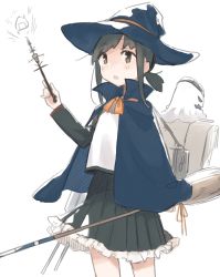 Rule 34 | 1girl, alternate costume, black cape, black eyes, black hair, black skirt, broom, cape, commentary request, fubuki (kancolle), highres, kantai collection, long hair, long sleeves, low ponytail, ma rukan, machinery, pleated skirt, ponytail, short ponytail, sidelocks, simple background, skirt, solo, war, white background