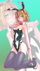 Rule 34 | 1girl, animal ears, bad id, bad pixiv id, black thighhighs, blonde hair, blush, bow, bowtie, breasts, cleavage, detached collar, fake animal ears, female focus, green eyes, highres, hinomoto madoka, leotard, mizuhashi parsee, playboy bunny, pointy ears, rabbit ears, short hair, small breasts, solo, thighhighs, touhou, wrist cuffs, zoom layer