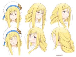 Rule 34 | 1girl, alicia florence, andanden, aria (manga), beret, blonde hair, blue ribbon, braid, braided ponytail, character sheet, closed eyes, closed mouth, eyelashes, from behind, from side, hat, hat ribbon, highres, long hair, looking at viewer, looking to the side, multiple views, open mouth, portrait, purple eyes, ribbon, sidelocks, signature, simple background, white background, white headwear