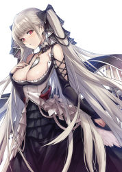 Rule 34 | 1girl, applekun, azur lane, bare shoulders, between breasts, black dress, black nails, blush, breasts, cleavage, dress, earrings, flight deck, formidable (azur lane), frilled dress, frills, grey hair, hair ribbon, highres, jewelry, large breasts, long hair, long sleeves, looking at viewer, nail polish, red eyes, ribbon, rigging, simple background, solo, twintails, two-tone dress, white background