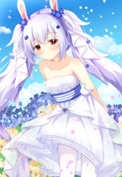 Rule 34 | 1girl, animal ears, arms behind back, azur lane, blue flower, blue sky, blush, breasts, brown flower, closed mouth, cloud, cloudy sky, commentary request, confetti, day, dress, flower, hair between eyes, hair flower, hair ornament, kedama (kedama akaza), laffey (azur lane), laffey (white rabbit&#039;s oath) (azur lane), long hair, outdoors, pantyhose, purple hair, rabbit ears, red eyes, sky, small breasts, smile, solo, strapless, strapless dress, twintails, very long hair, wedding dress, white dress, white hair, white pantyhose
