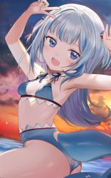 Rule 34 | absurdres, armpits, arms up, beach, bikini, breasts, cloud, collarbone, fins, fish tail, gawr gura, highres, hololive, hololive english, long hair, looking at viewer, navel, ocean, seicoh, shark tail, sky, small breasts, solo, sunset, swimsuit, tail, teeth, v, virtual youtuber