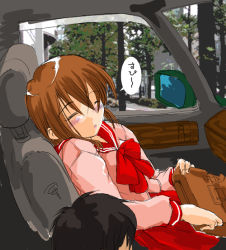 Rule 34 | 00s, 1boy, 1girl, bag, black hair, blush, bow, bowtie, briefcase, brown hair, bush, car, car interior, chair, closed eyes, day, from side, hair between eyes, holding, holding bag, komaki manaka, leaning back, long sleeves, mirror, motor vehicle, parted lips, photo background, pink shirt, pleated skirt, red bow, red bowtie, red skirt, right-hand drive, school bag, school briefcase, school uniform, serafuku, shirt, short hair, sitting, skirt, sleeping, sleeve cuffs, solo focus, source request, speech bubble, squiggle, to heart (series), to heart 2, tree, vehicle