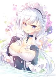 Rule 34 | 1girl, azur lane, belfast (azur lane), black choker, blue eyes, braid, breasts, broken, broken chain, buttons, chain, choker, cleavage, collarbone, commentary request, double-breasted, elbow gloves, floral background, french braid, frilled gloves, frills, gloves, grey hair, hands on own chest, large breasts, long hair, maid headdress, mitsumomo mamu, smile, solo, upper body