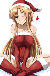 Rule 34 | 1girl, ankle grab, asuna (sao), bare shoulders, boots, breasts, brown eyes, brown hair, christmas, covered erect nipples, dress, elbow gloves, explorador sei, female focus, fur-trimmed boots, fur-trimmed headwear, fur trim, gloves, hat, heart, long hair, looking at viewer, matching hair/eyes, one eye closed, red footwear, red gloves, red hat, santa dress, santa hat, simple background, sitting, smile, solo, sword art online, white background, wink