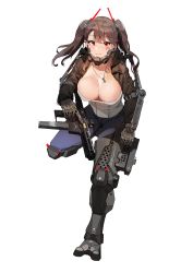 Rule 34 | 1girl, bad id, bad pixiv id, blue pants, breasts, brown gloves, brown hair, cleavage, closed mouth, collarbone, facial mark, fang, full body, gloves, gun, highres, holding, holding gun, holding weapon, ihobus, jewelry, large breasts, leg up, long hair, long sleeves, looking at viewer, mechanical legs, mechanical parts, necklace, original, pants, red eyes, shirt, shrug (clothing), simple background, smile, solo, standing, standing on one leg, twintails, weapon, white background, white shirt, wing collar