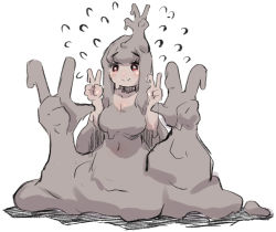 Rule 34 | 1girl, bad id, bad pixiv id, blush, breasts, brown hair, cleavage, closed mouth, double v, flying sweatdrops, hands up, large breasts, long hair, looking at viewer, monster girl, mud, original, red eyes, smile, solo, u-non (annon&#039;an), v, very long hair, white background