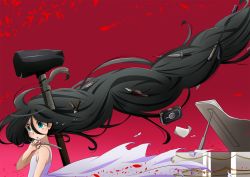 Rule 34 | 1girl, absurdly long hair, bare shoulders, black hair, blue eyes, book, dagger, dansai bunri no crime edge, dot nose, dress, female focus, gradient background, hammer, highres, instrument, knife, long hair, mushanokouji iwai, open mouth, piano, pink background, red background, riding crop, scissors, solo, syringe, tears, very long hair, weapon